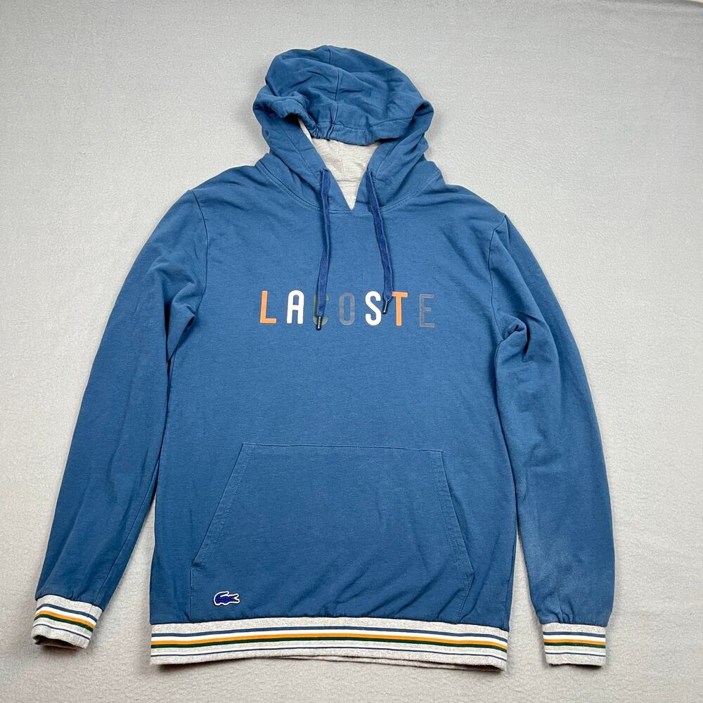 Lacoste Sleepwear Spellout Lounge Hoodie Blue Striped Trim Knit Men's S